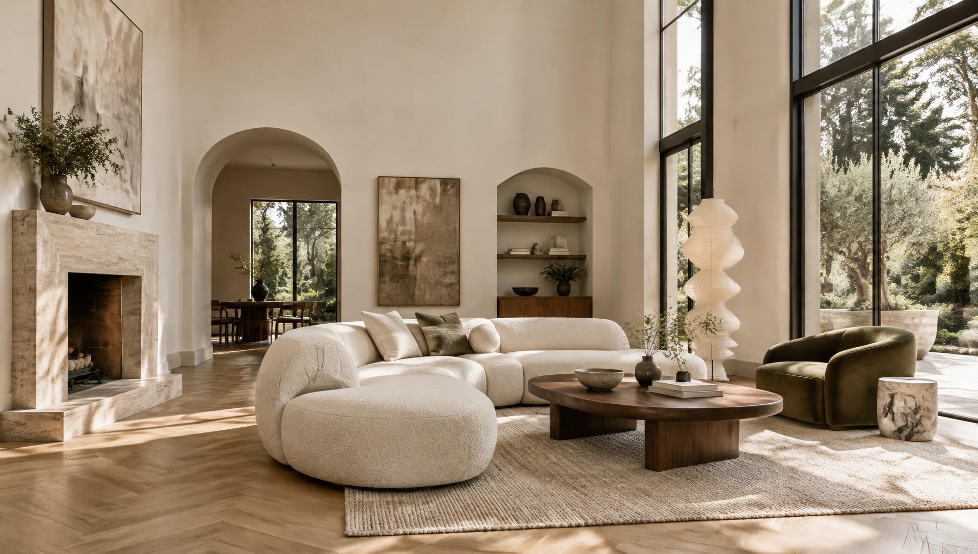 Sunlit living room with a sculptural sofa and garden views